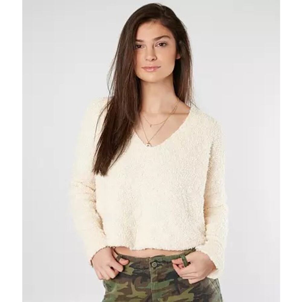 Free People Popcorn Cropped V-Neck Sweater Cream Small - Picture 2 of 10